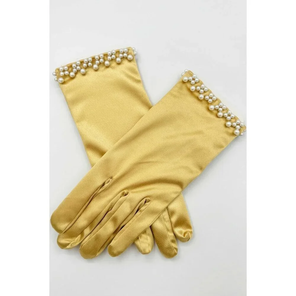 Women's Elegant Gold Floral Short Lace Wrist Gloves Bridal Dinner Party Prom